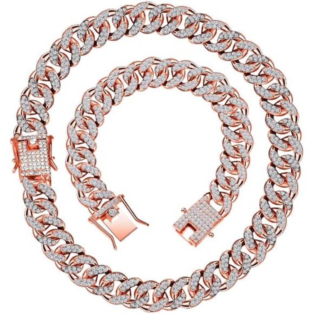 Rose Gold 2 Pieces Cuban Link Chain for Women Cuban Necklace Bracelet Heavy